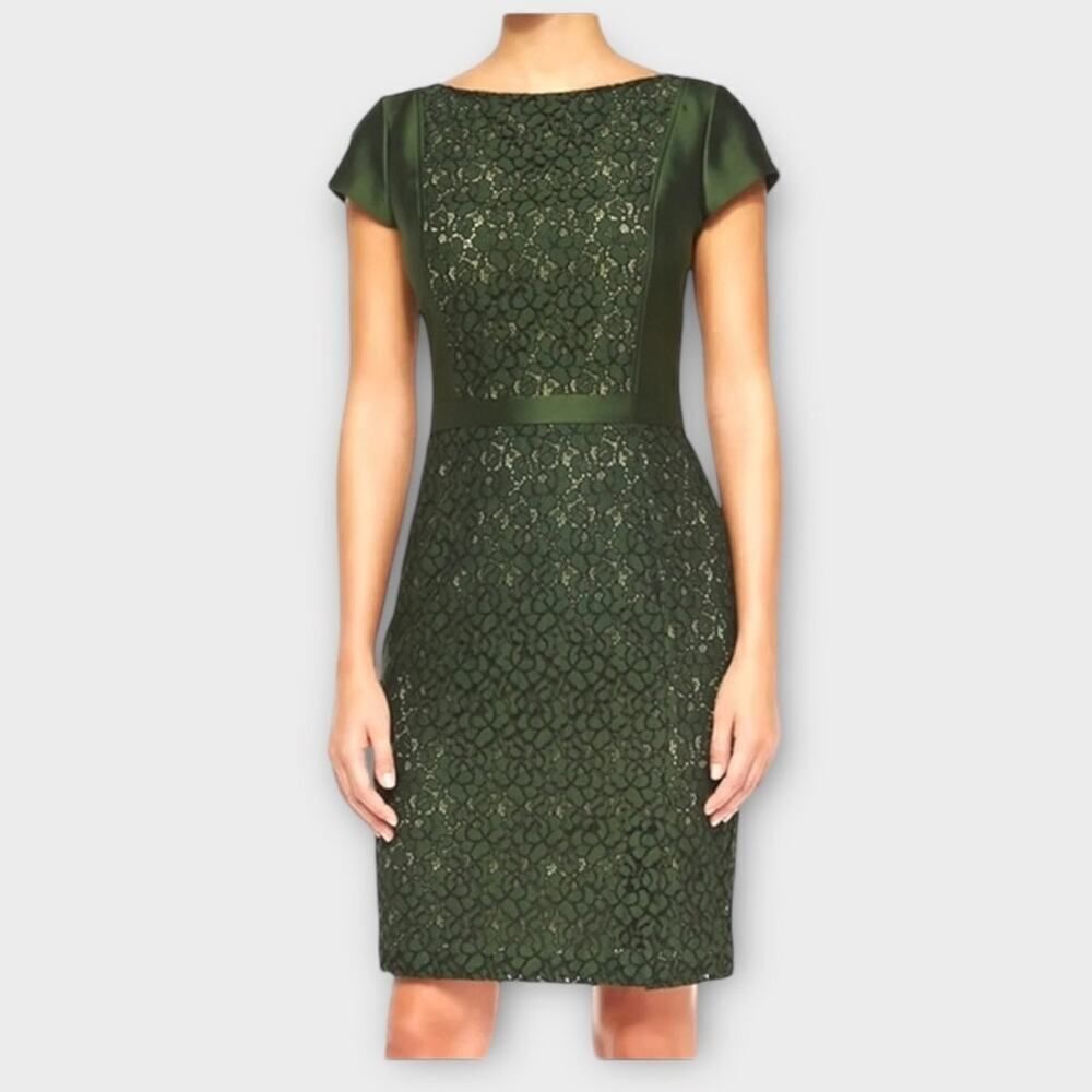 Tory Burch Mariana Sheath Dress Women's 6 Green Wool Silk Satin Lace Accent